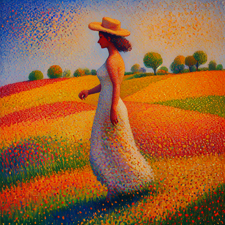 00015-587877566-_lora_Pointillism_1_ Pointillism, The image shows a woman in a white dress and hat walking through a field of vibrant flowers pa.png